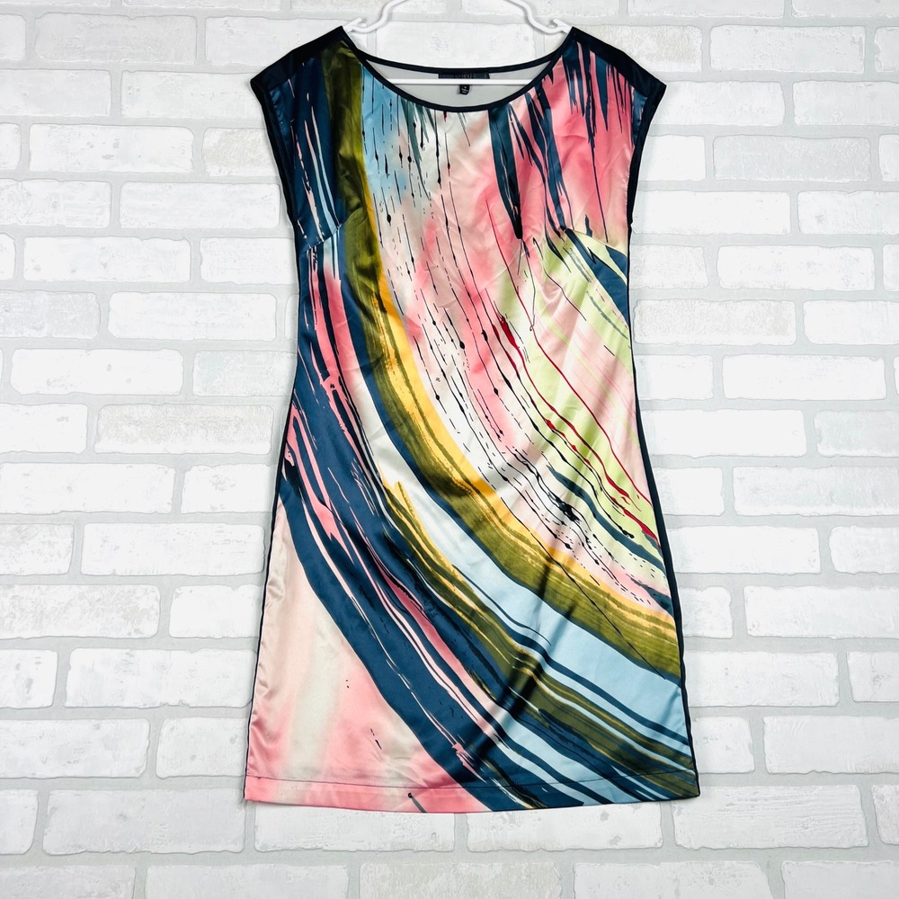 Forenza Womens Abstract Brushstroke Satin Sheath Dress Navy Blue Size 0 - Picture 11 of 11